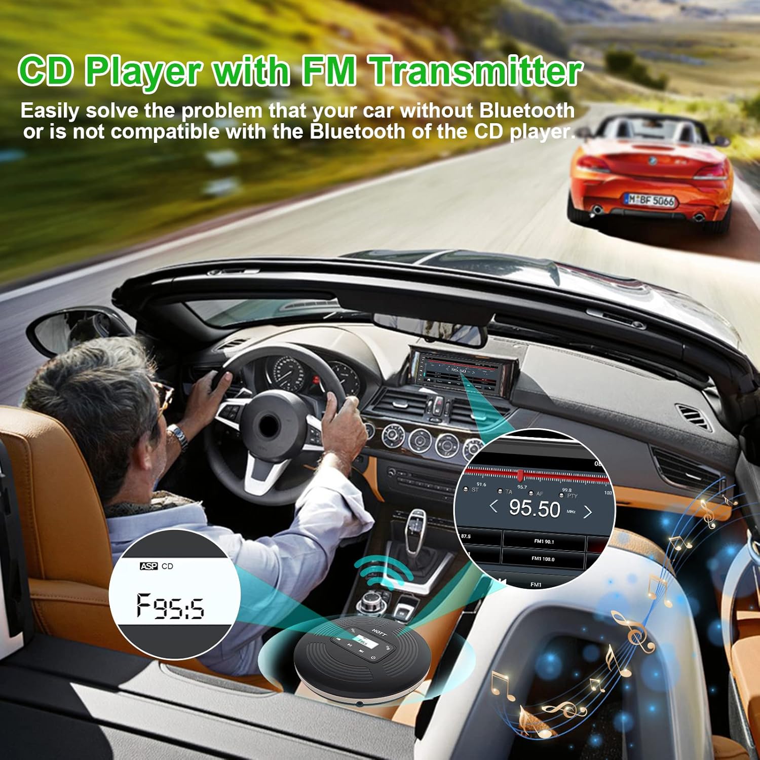 Portable CD Player with Bluetooth FM Transmitter AUX Output Rechargeable 1800mah Touch Button Anti-Skip Shockproof Protection T77391