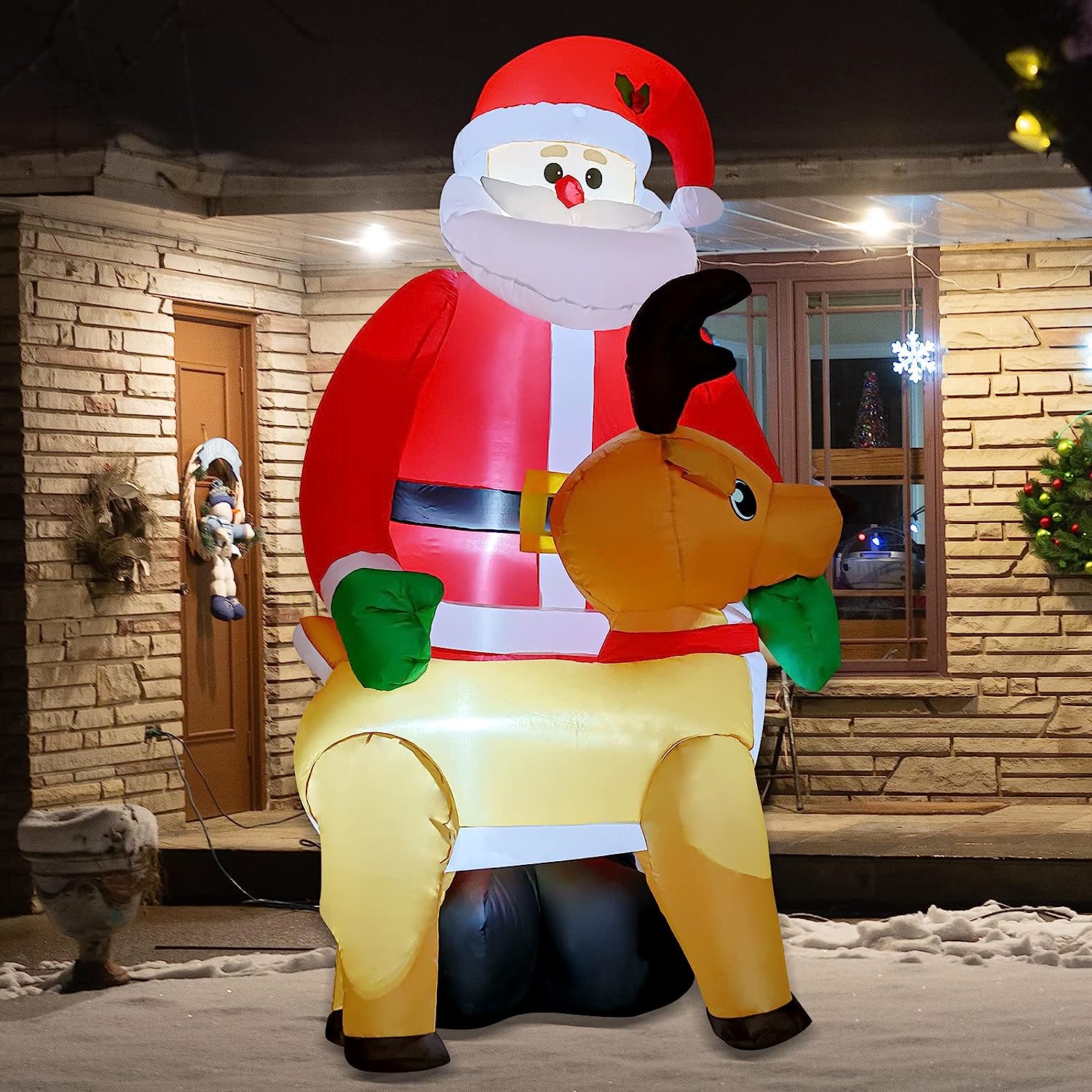 8FT Inflatable Christmas Santa Claus with Reindeer Decorations, Built-in LED Lights I3910