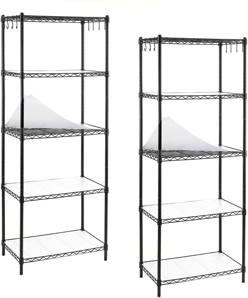 4-Shelf Steel Wire Shelving Unit with 8 Hooks, Black, Pack of 2 X7132