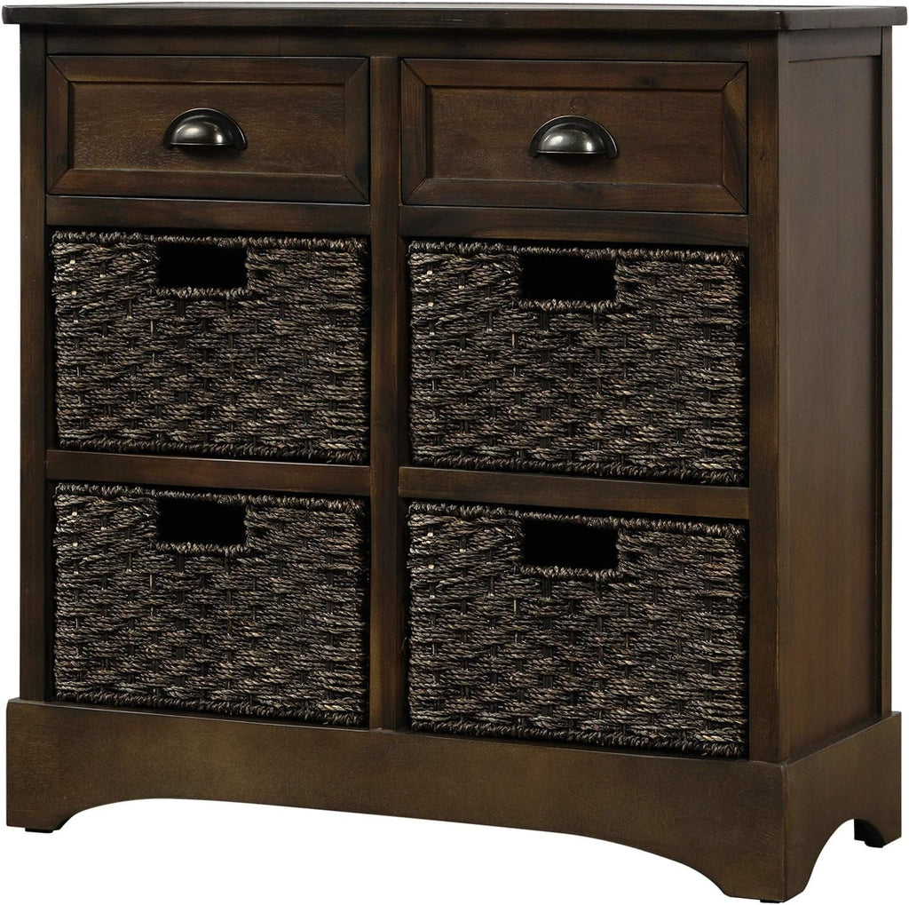 Solid Wood Wicker Storage Cabinet with 4-Basket Chest and 2 Drawers W363008
