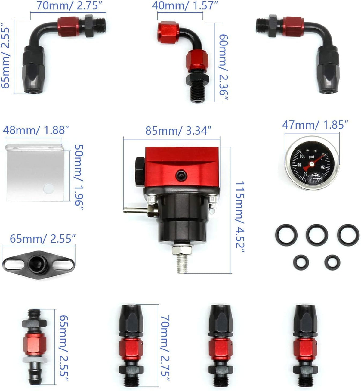 Adjustable Aluminum EFI Fuel Pressure Regulator Kit with 0-100 psi Gauge 7pcs 6AN Fuel Line Hose Fitting Connectors Black & Red Pack of 2 C301020