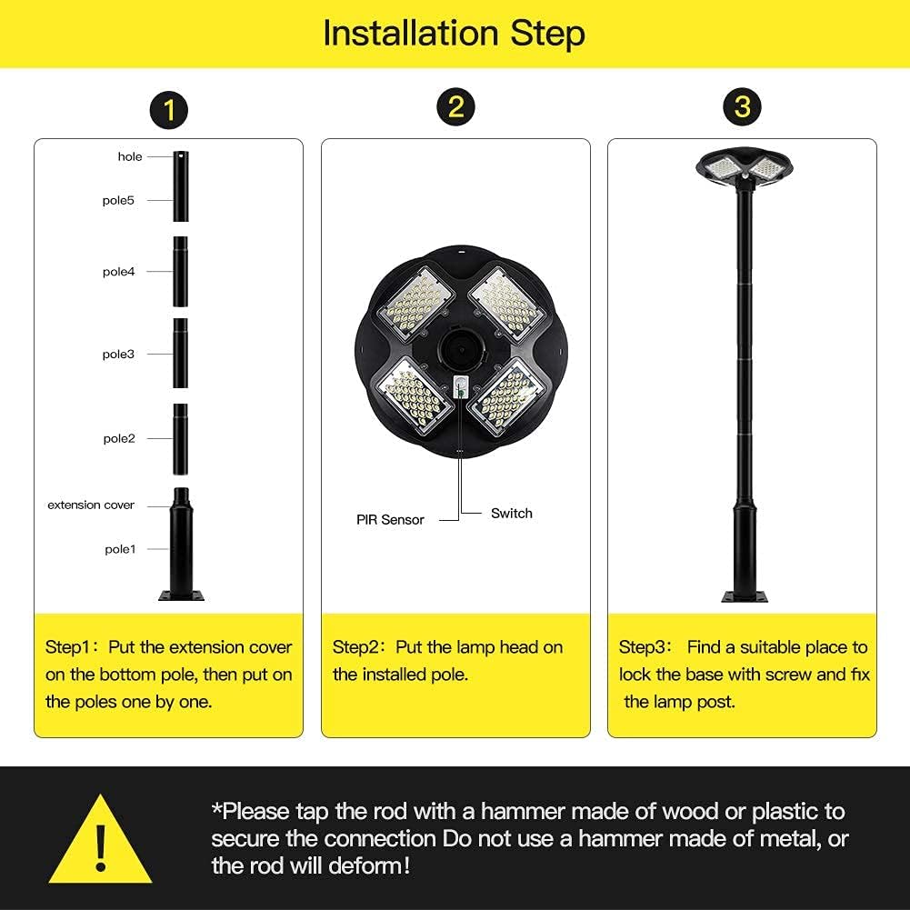 100W LED Solar Pole Light with 98 inch Pole IP65 Waterproof 6500K Auto Dusk to Dawn with Remote W608938