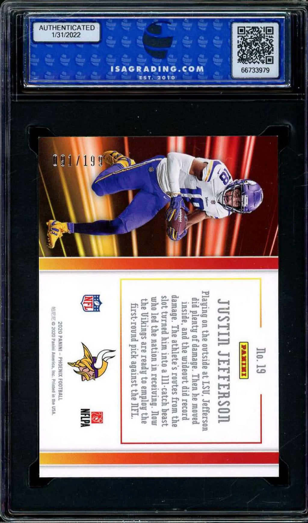 Justin Jefferson Rookie Card 2020 Panini Phoenix Pink #19 ISA 9 MINT E548