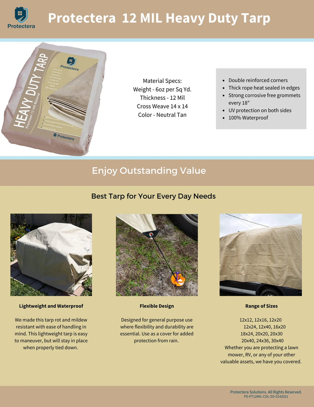 Heavy Duty Waterproof Tarp 12 mil Thick 12 feet by 16 feet Neutral Tan L132