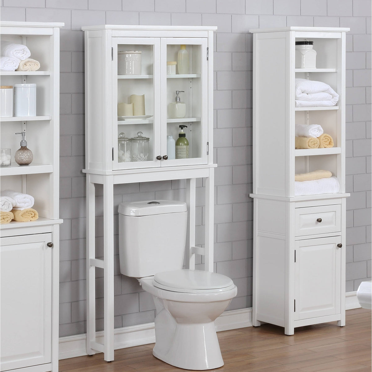 White Over The Toilet Storage Cabinet with Glass Doors L675