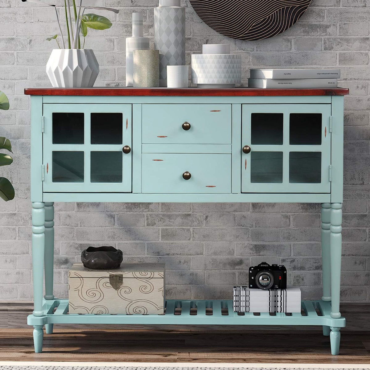 Antique Blue Console Table with Two Storage Drawers and Two Cabinets L62332
