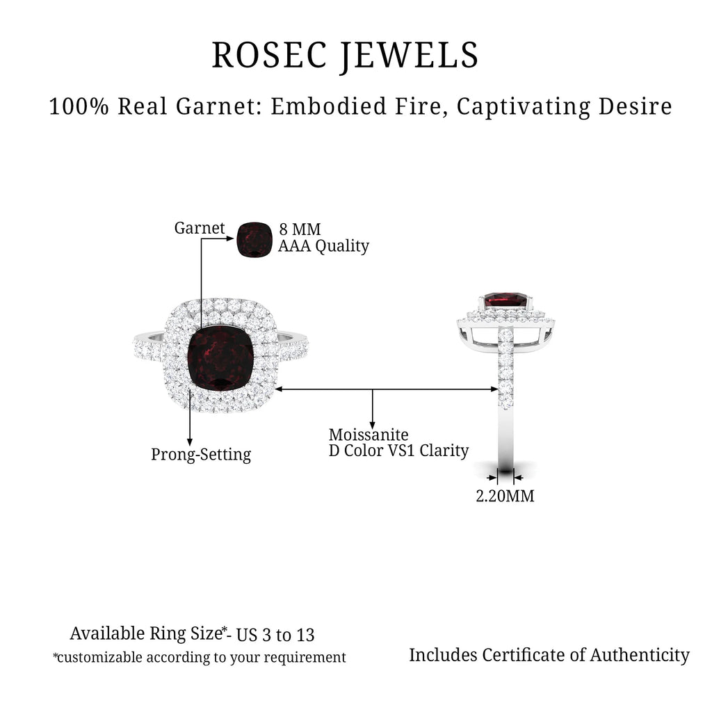 4 CT Garnet Engagement Ring with Double Halo Moissanite, 925 Sterling Silver L183