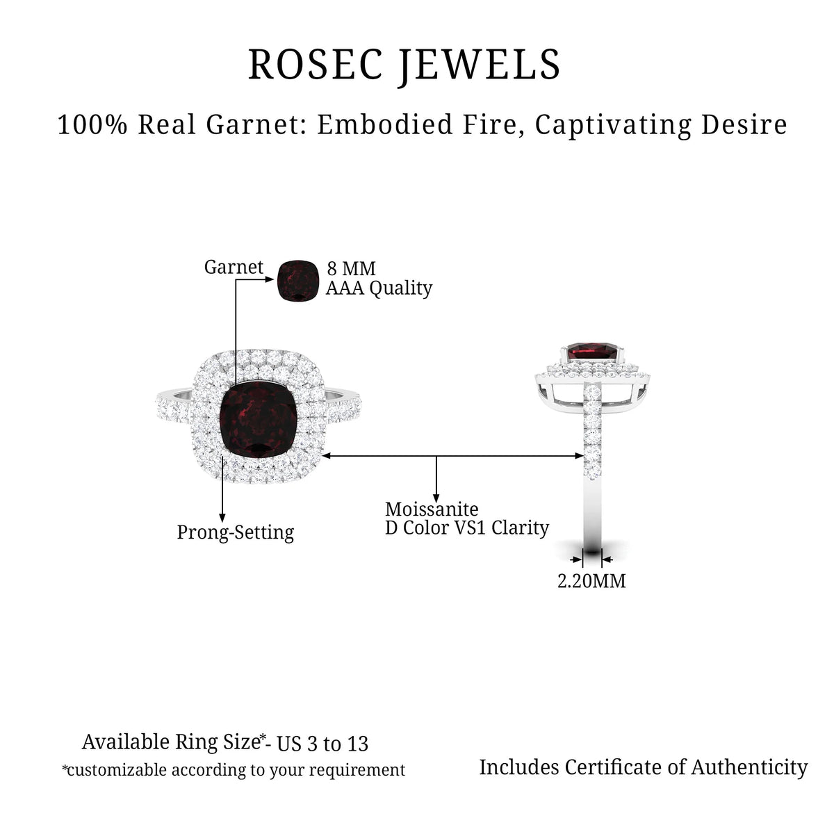 4 CT Garnet Engagement Ring with Double Halo Moissanite, 925 Sterling Silver L183