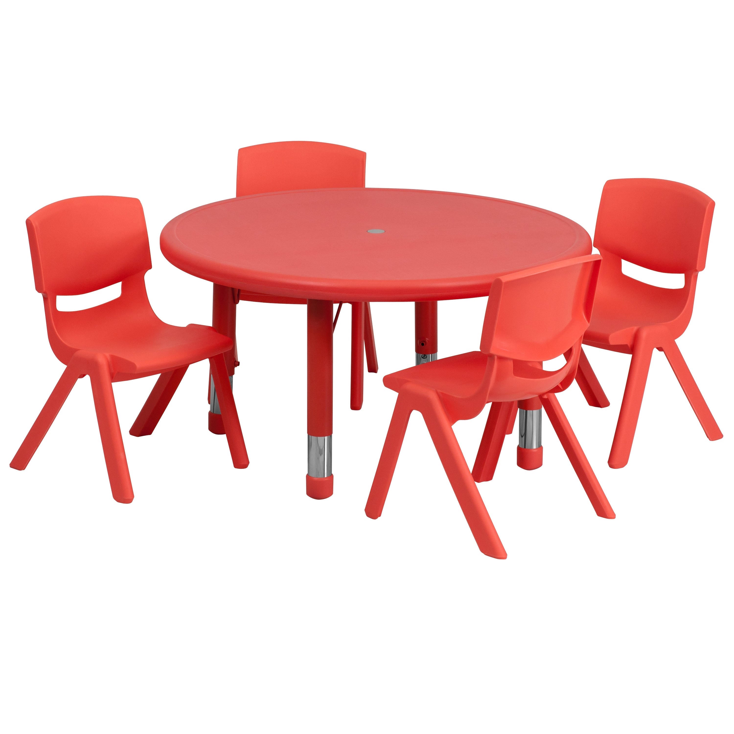 Red 33 inch Round Plastic Height Adjustable Activity Table Set with 4 Chairs W39516