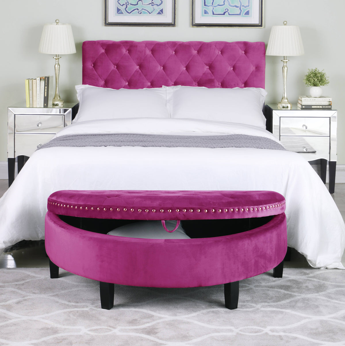 Plum Velvet Half Moon Storage Ottoman T3044
