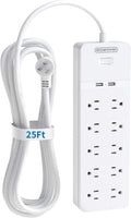 25 Ft Extension Cord Surge Protector with 10 Outlets 2 USB, Pack of 2 G35554