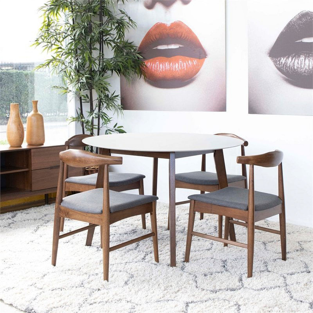 Mid Century Modern Fabric Dining Chair in White/Gray (Set of 5) T232