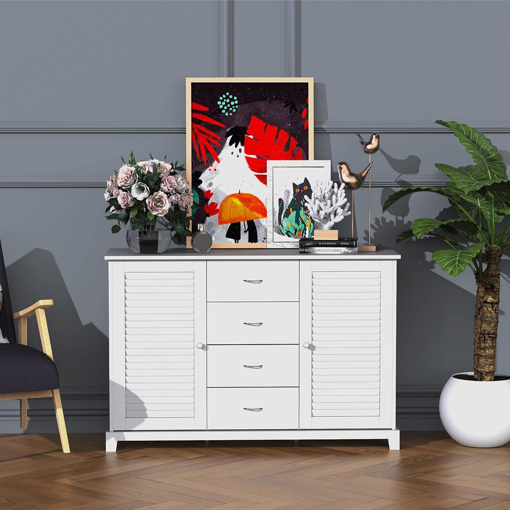 White Storage Cabinet with Drawers and Louvered Doors G308116