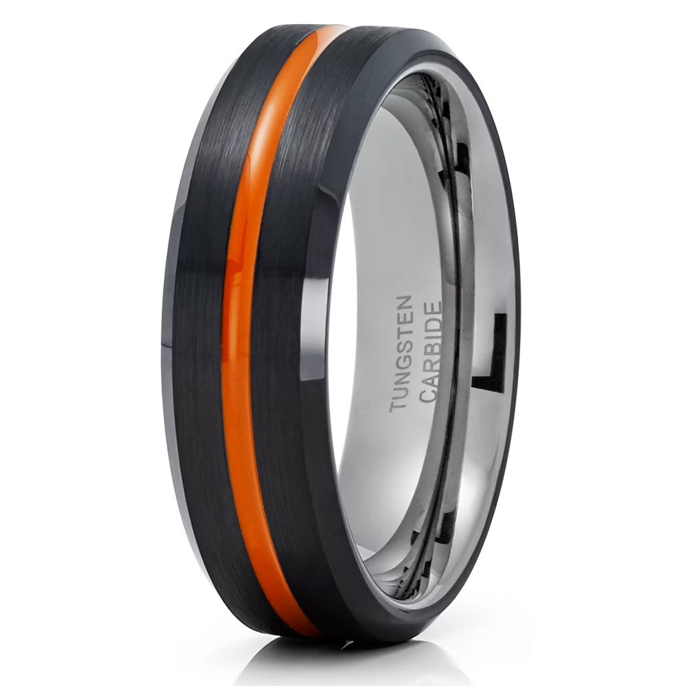 Orange Tungsten Wedding Band 6mm Black Tungsten Ring B541