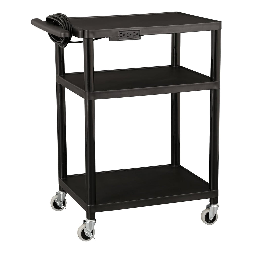 Black Plastic Utility AV Cart with Power Strip S124