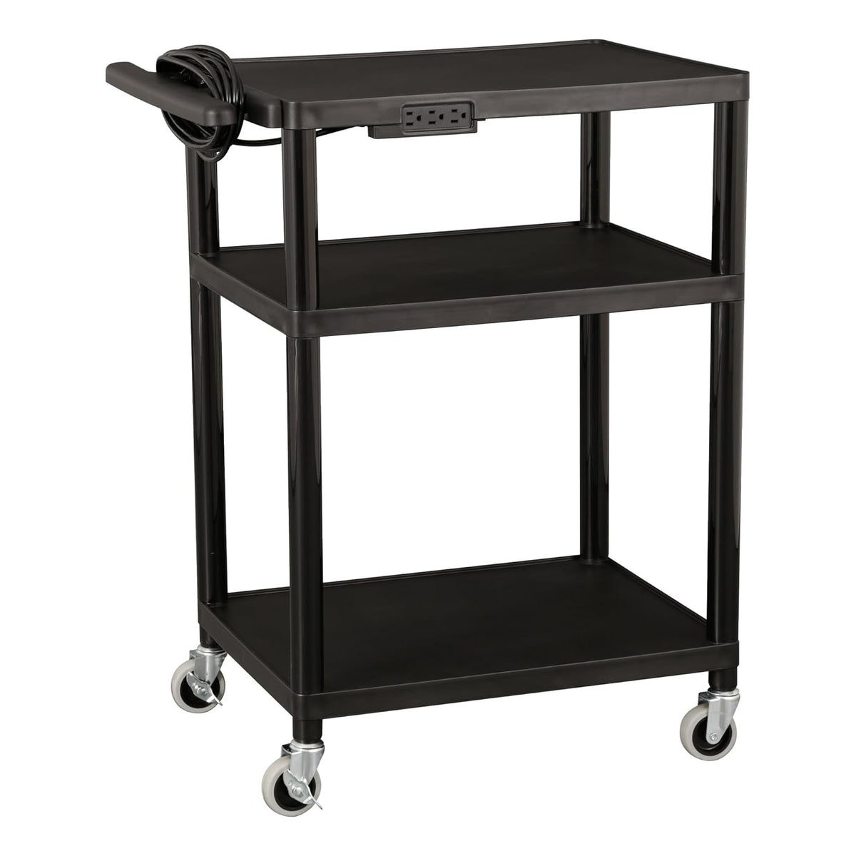 Black Plastic Utility AV Cart with Power Strip S124