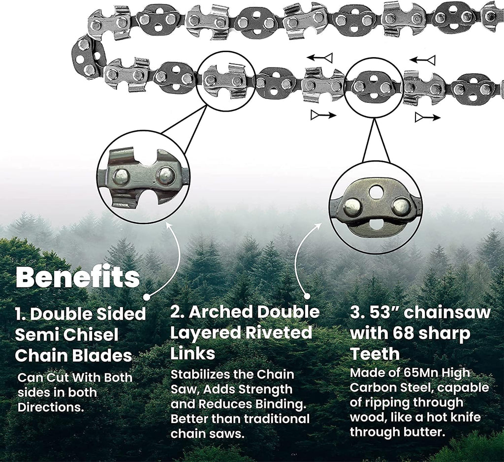 53" Rope Saw Chain with 68 Sharp Teeth & 100 Feet Rope Kit, Pack of 2 P841