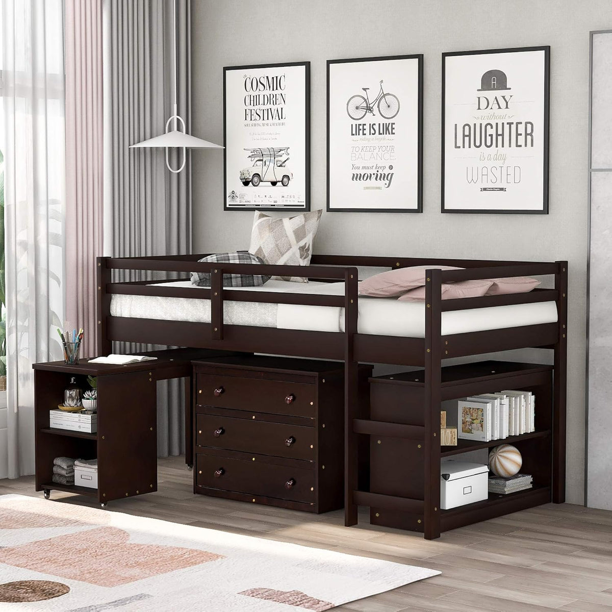 Twin Loft Bed with Desk and Cabinet Wooden Bunk Bed Q922