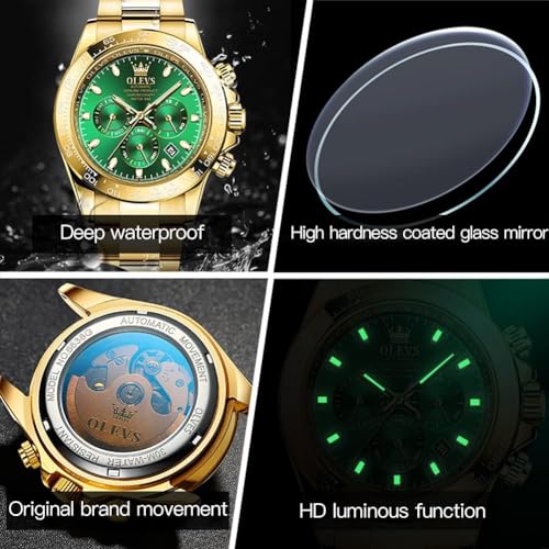 Gold Automatic Self Winding Waterproof Calendar Stainless Steel Luminous Men's Wrist Watch U479