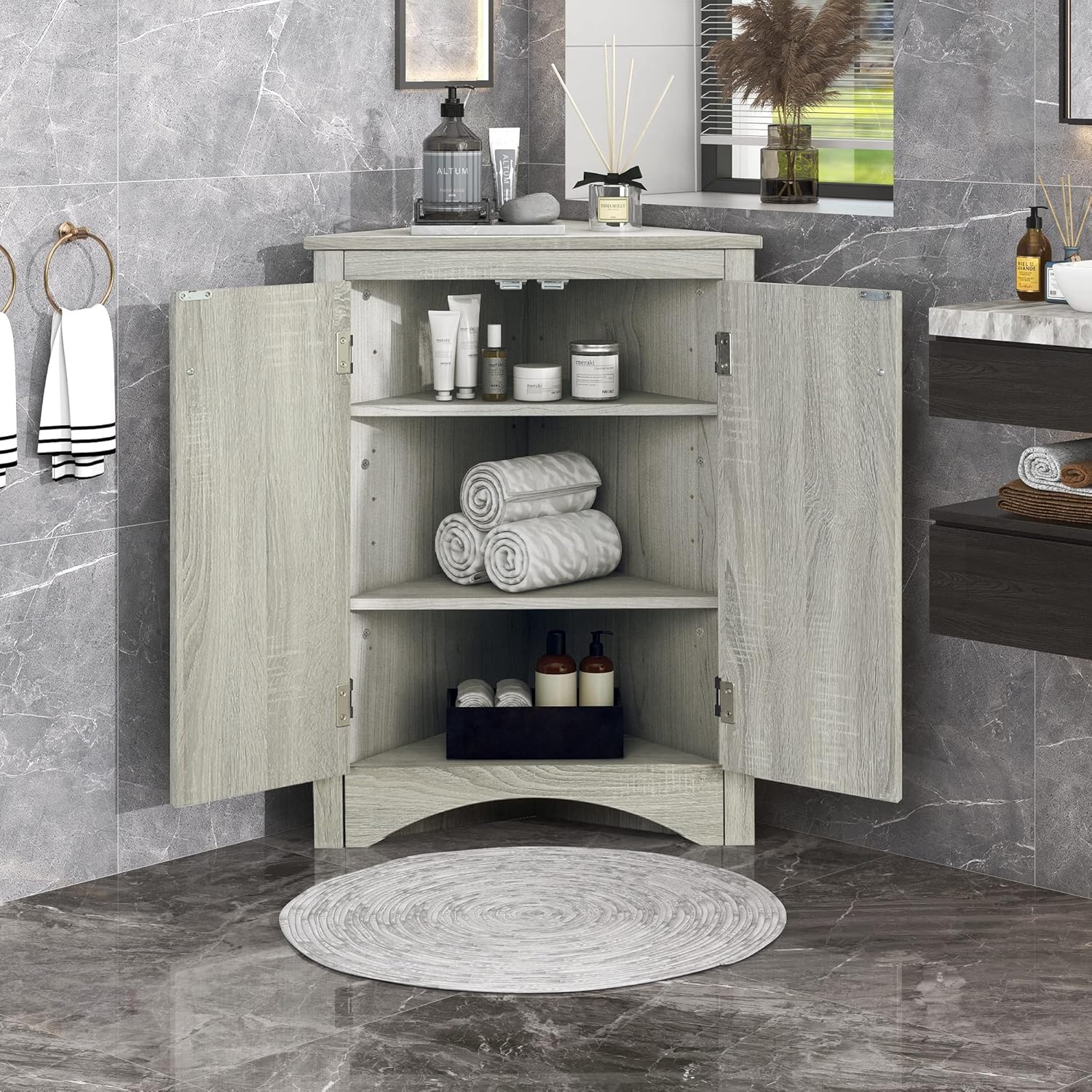 Grey Bathroom Corner Cabinet with Two Doors K896535