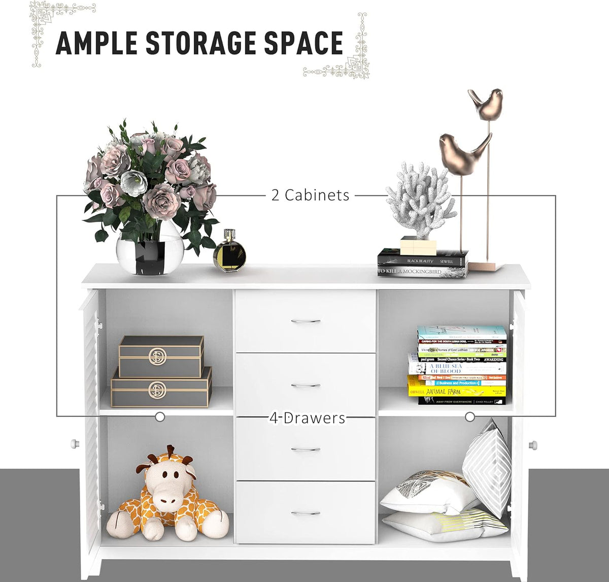 White Storage Cabinet with Drawers and Louvered Doors G308116