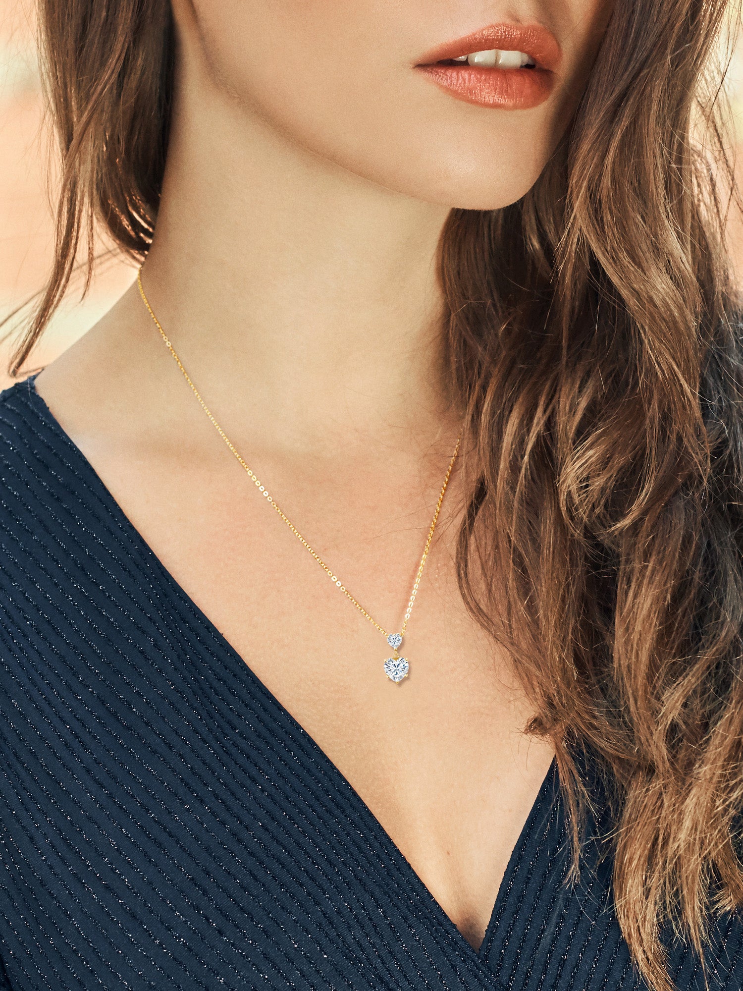 18K Yellow Gold Plated Silver White Moissanite Double Heart Pendant Necklace with 18 inch Silver Chain D415