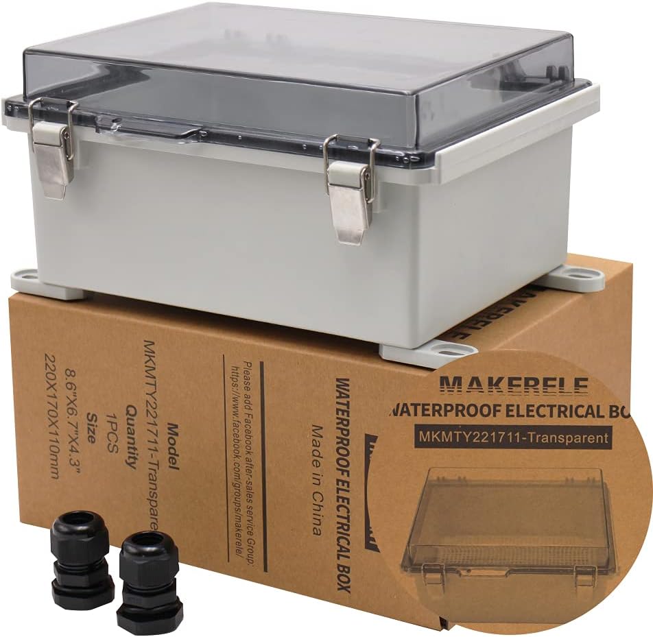 IP67 Waterproof Junction Box Plastic Enclosure Clear Cover Plate with Stainless Steel Buckles 13×13×5.1 inch D41749