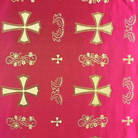 Metallic Clerical Church Cross Brocade Fabric 60 inch Wide 100% Polyester (Fuchsia / Gold) (10 I120554