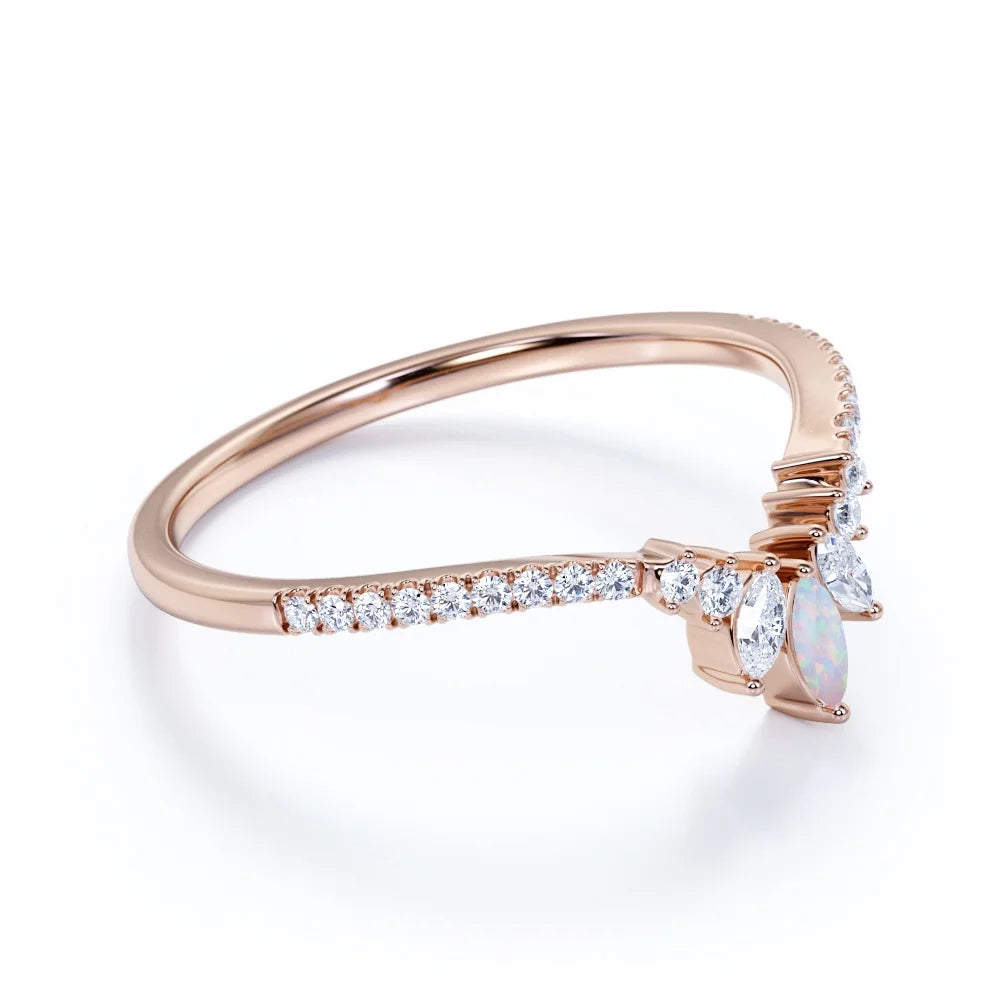 Vintage Marquise Fire Opal and Moissanite Stackable Wedding Band in 18K Rose Gold over Silver U2713