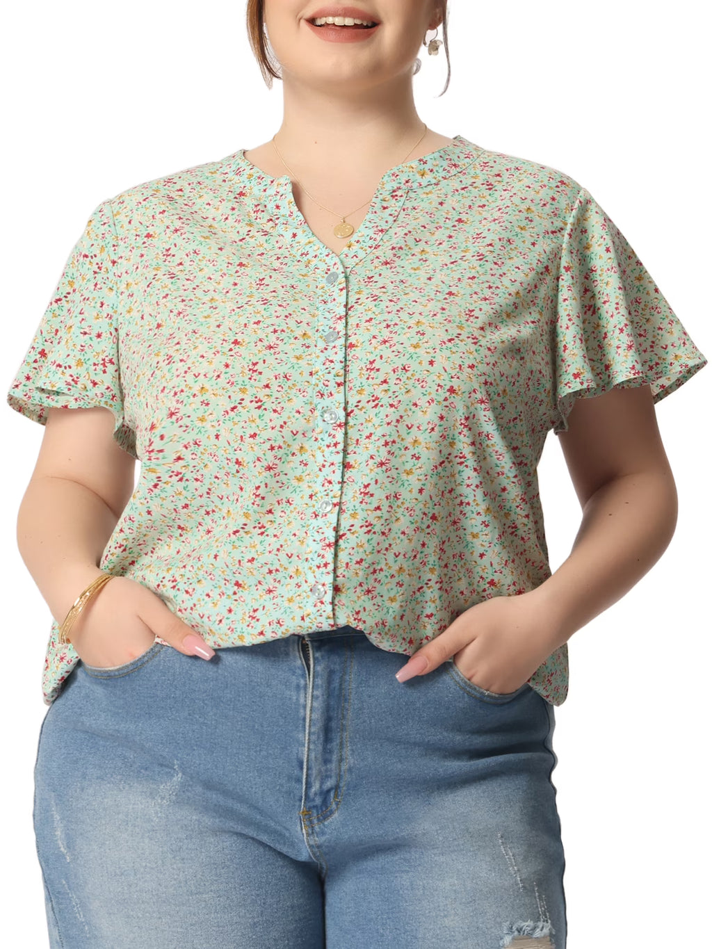 Plus Size Button Down Flare Short Sleeve Chiffon Blouse K74095
