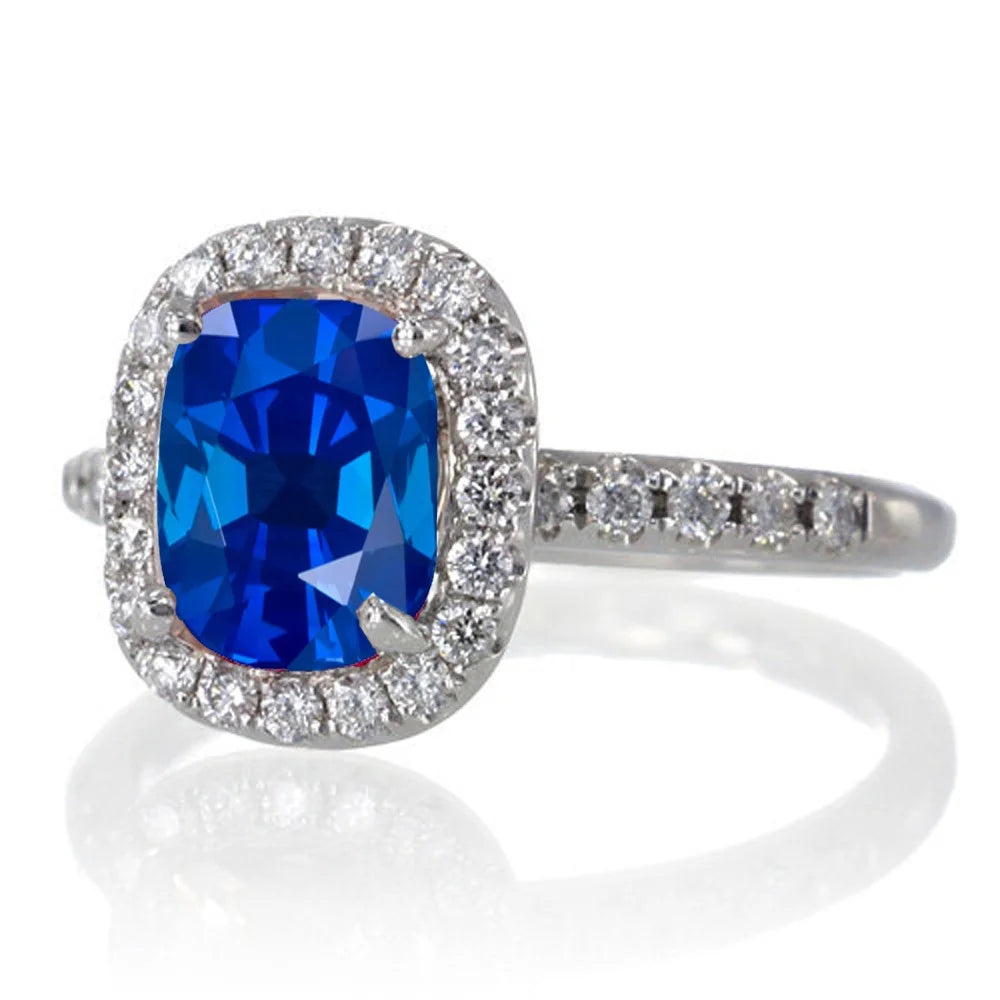 1.5 Carat Cushion Cut Sapphire Diamond Engagement Ring on 10k White Gold M5553