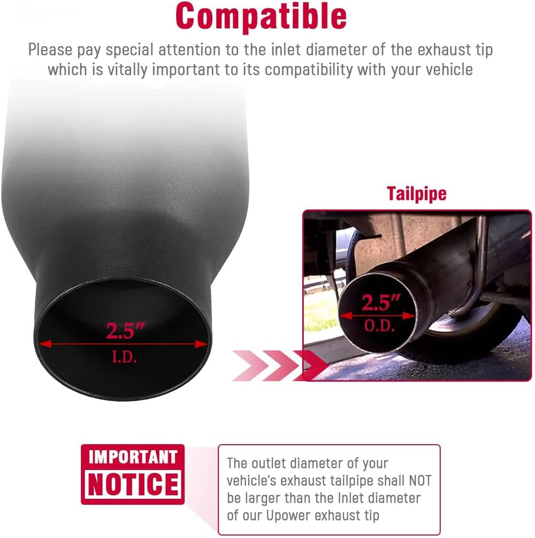 2.5 inch Inlet 4 inch Outlet Exhaust Tip 9" Long Black Weld On Stainless Steel Pack of 2 A450