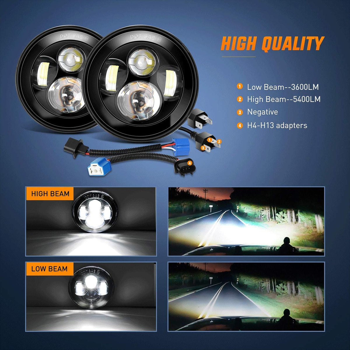 2PCS 7 Inch Round LED Headlight High Low Beam B627402