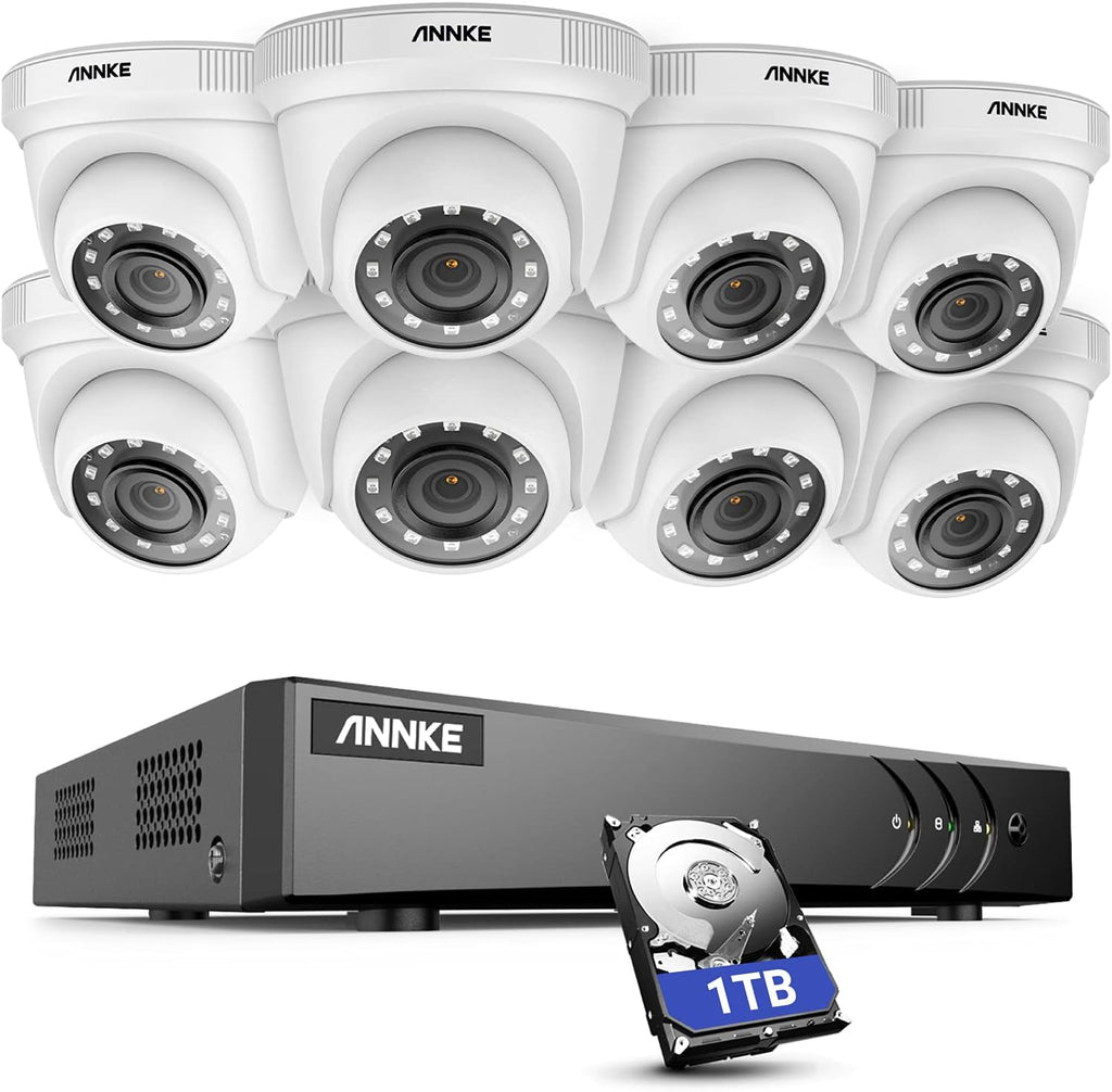8 Channel 5MP Lite H.265+ DVR with 1 TB HDD and 8 HD 1920TVL 1080p CCTV Dome Cameras I3056