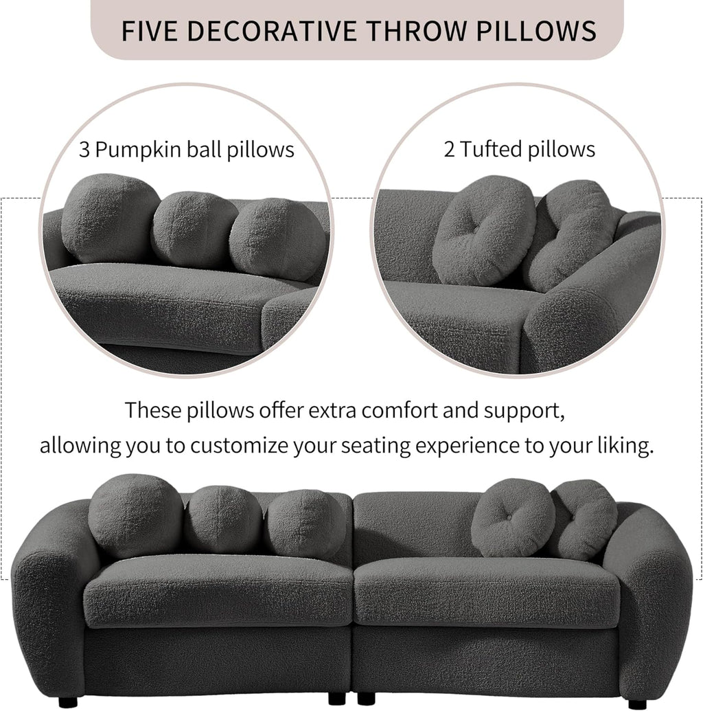Grey Teddy Fabric 3 Seater Sofa with 5 Throw Pillows M4435