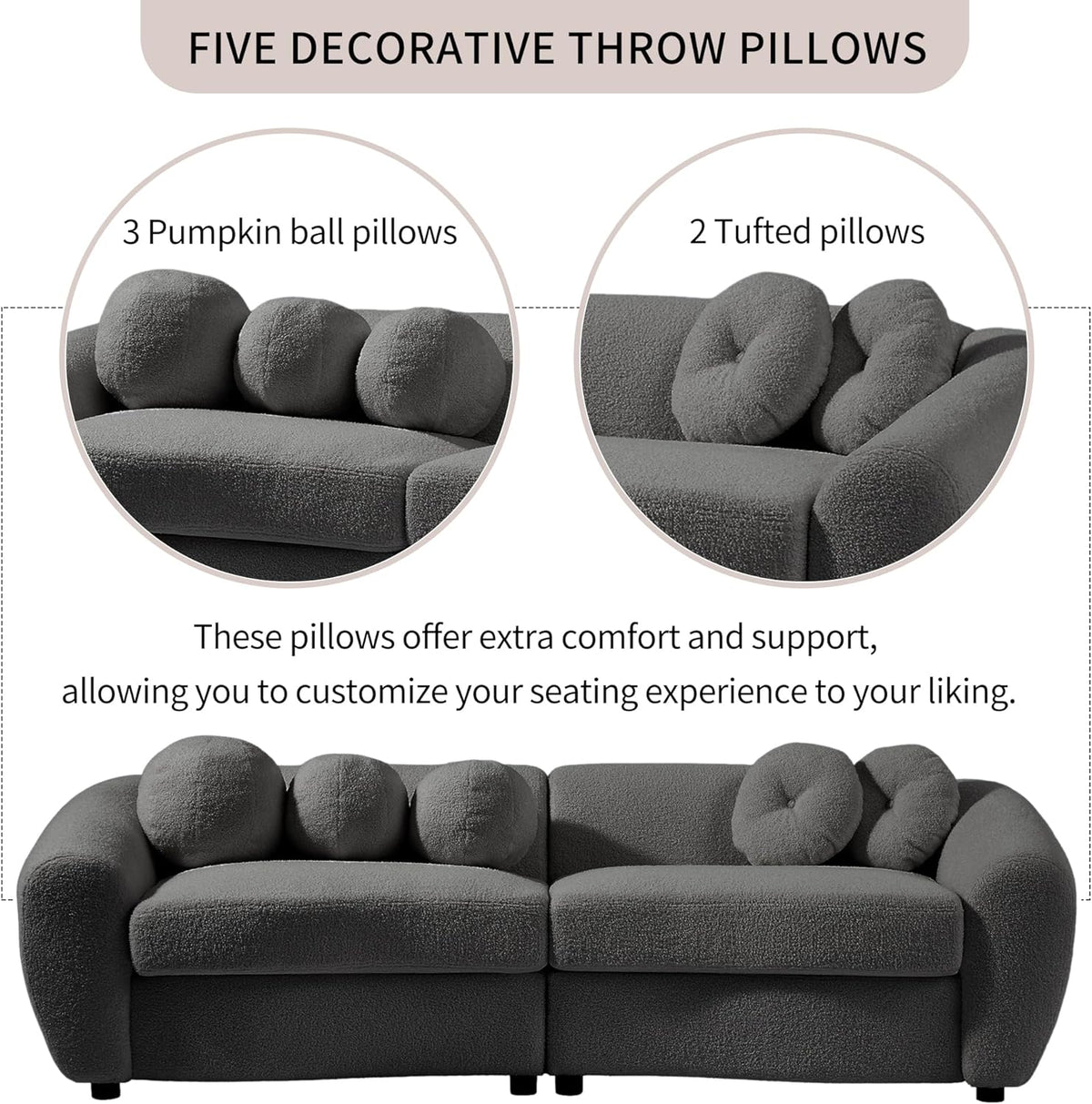 Grey Teddy Fabric 3 Seater Sofa with 5 Throw Pillows M4435