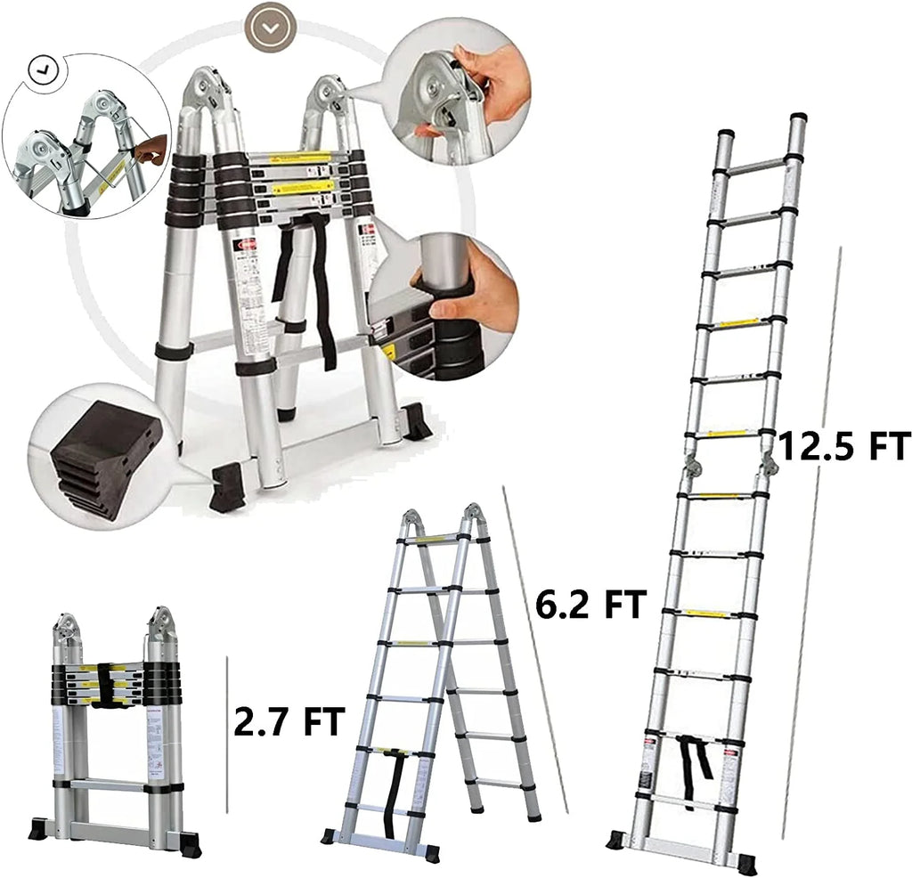 Telescoping 2 in 1 Extension Ladder, 6 FT Herringbone & 12 FT Straight, Lightweight Collapsible with Stabilizer Bar L80565