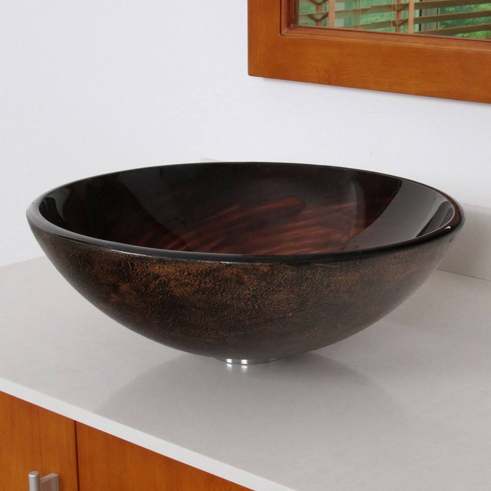 Brown Glass Bathroom Vessel Sink and Waterfall Faucet O416499