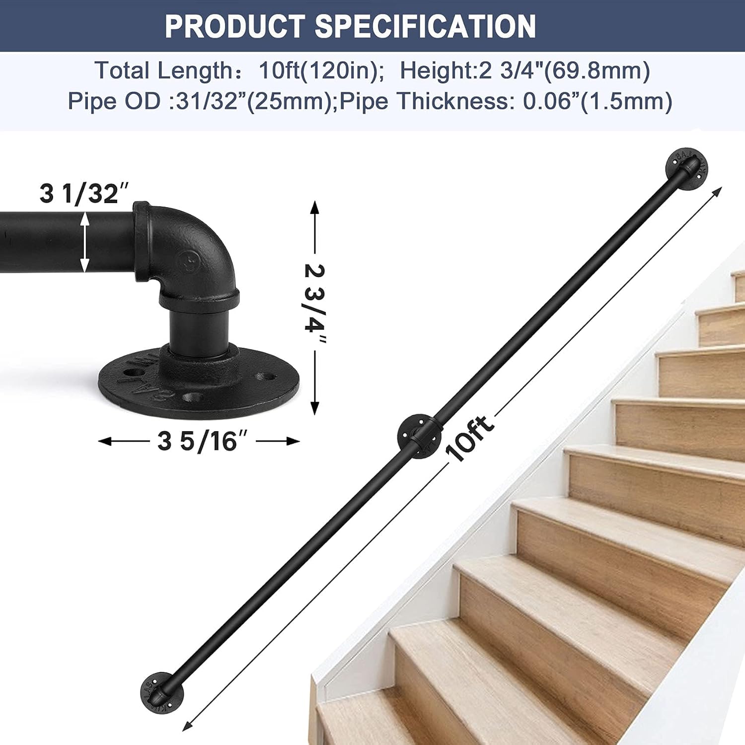 Black Wrought Iron Metal Stair Handrail 10FT J3488