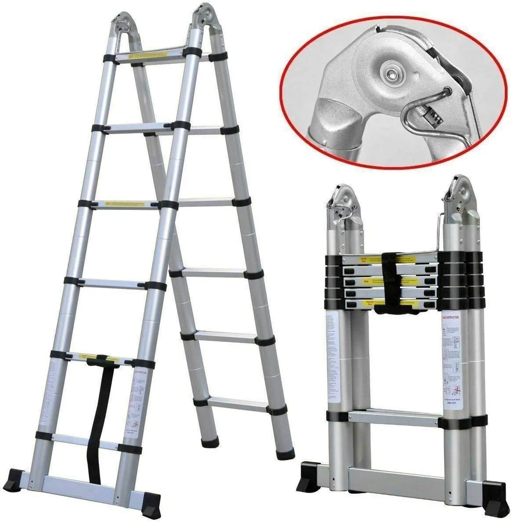 Telescoping 2 in 1 Extension Ladder, 6 FT Herringbone & 12 FT Straight, Lightweight Collapsible with Stabilizer Bar L80565
