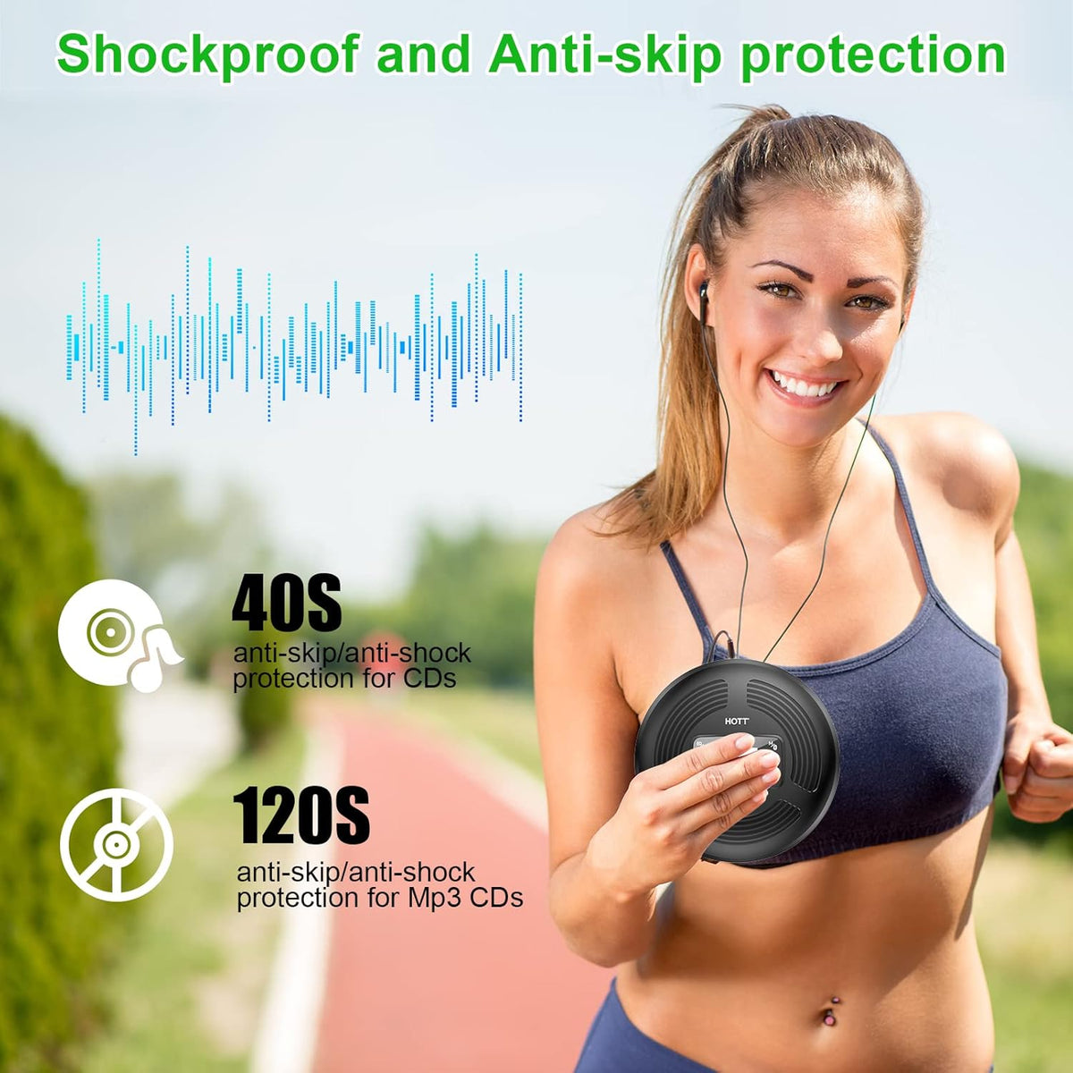 Portable CD Player with Bluetooth FM Transmitter AUX Output Rechargeable 1800mah Touch Button Anti-Skip Shockproof Protection T77391