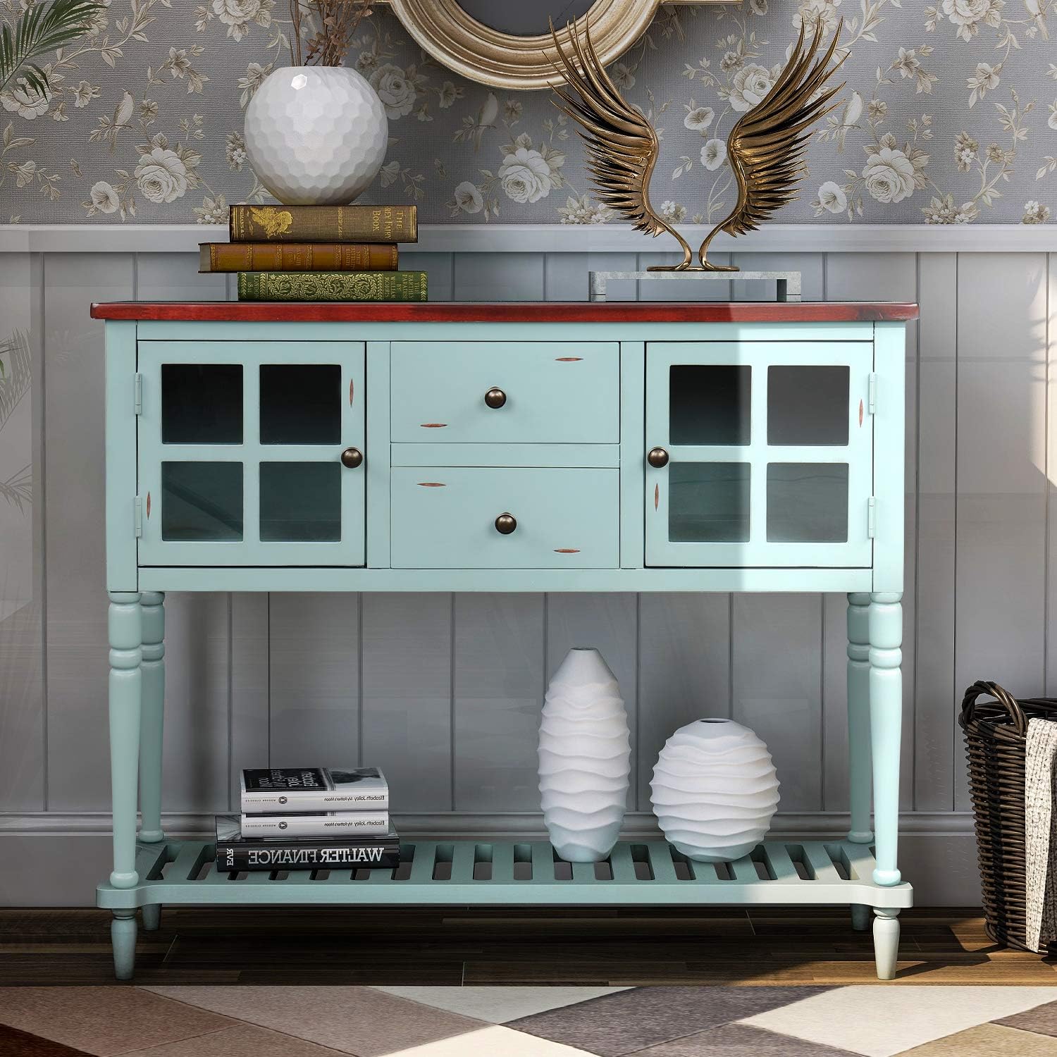 White and Brown 4 Drawers Storage Console Table with Cabinet and Shelf R179173