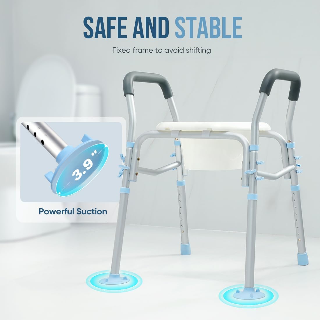 Stand Alone Raised Toilet Seat with Safety Frame, Height Adjustable Legs H384