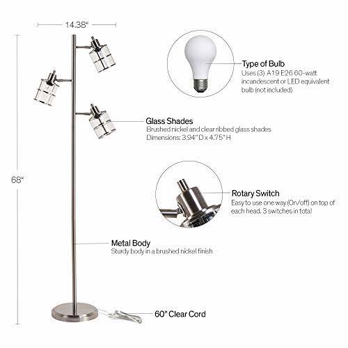 Modern 3 Floor Lamp with Adjustable Ribbed Glass Shade U191