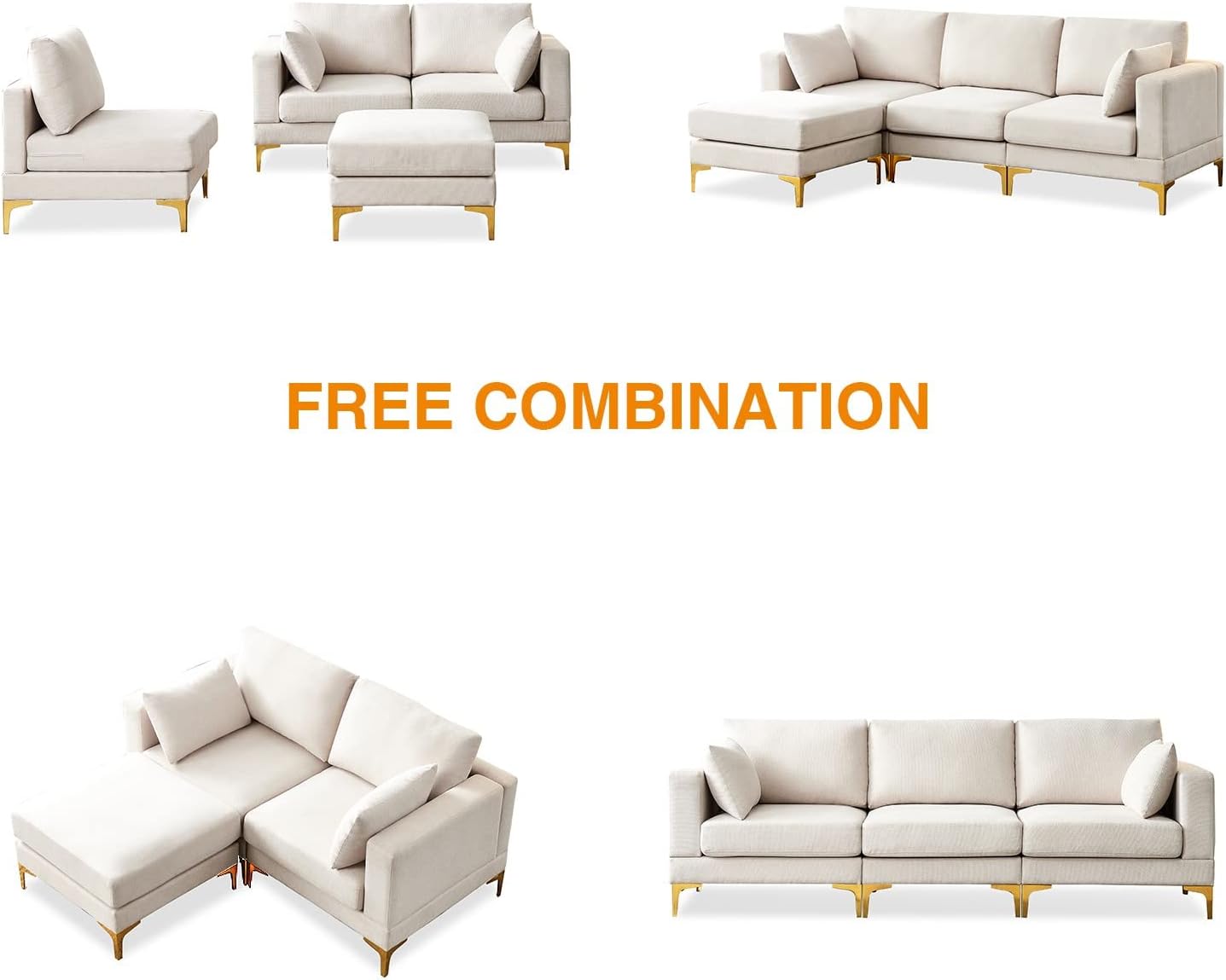 Beige Reversible Modular Couch with 2 Pillows and Metal Legs C678