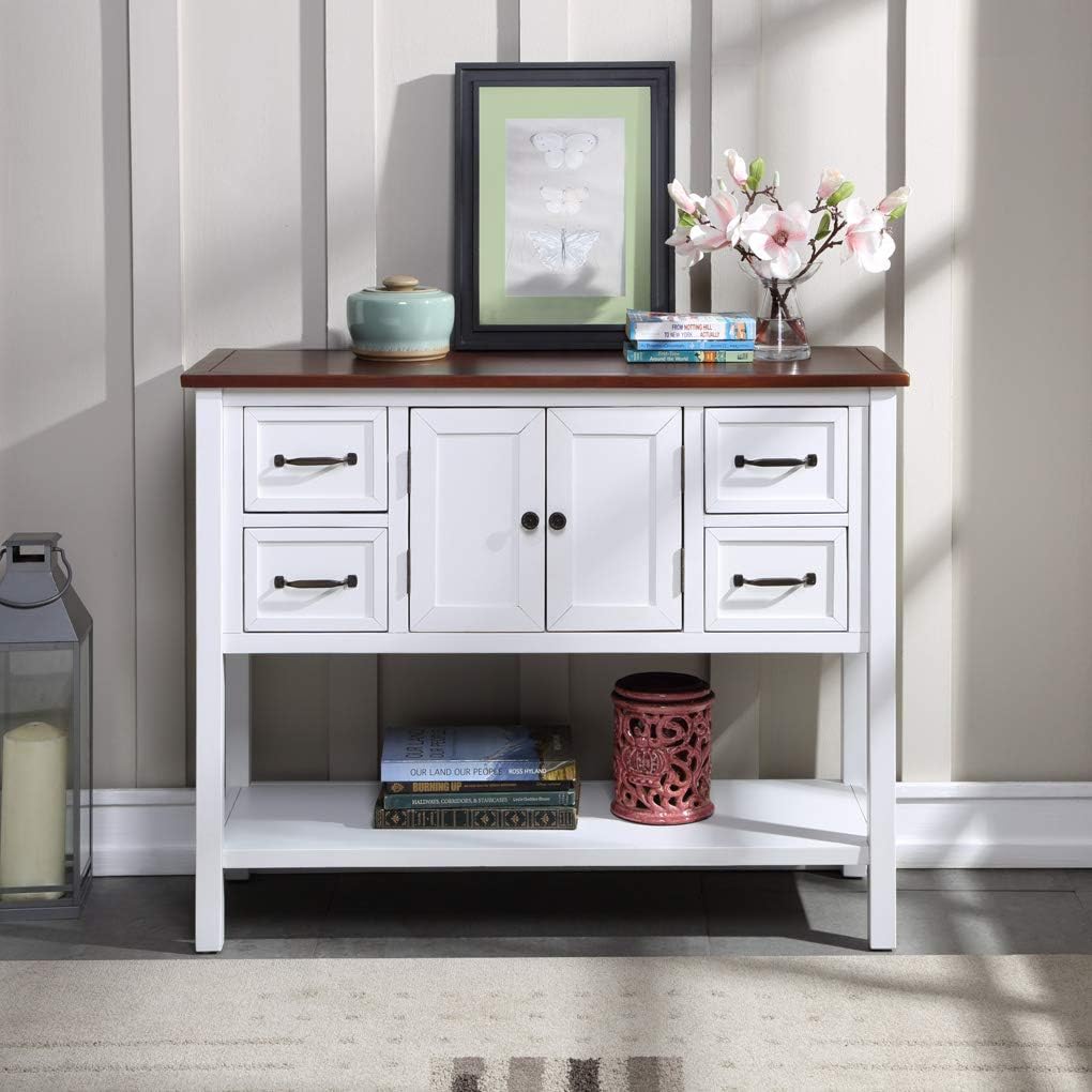 White and Brown 4 Drawers Storage Console Table with Cabinet and Shelf R179173