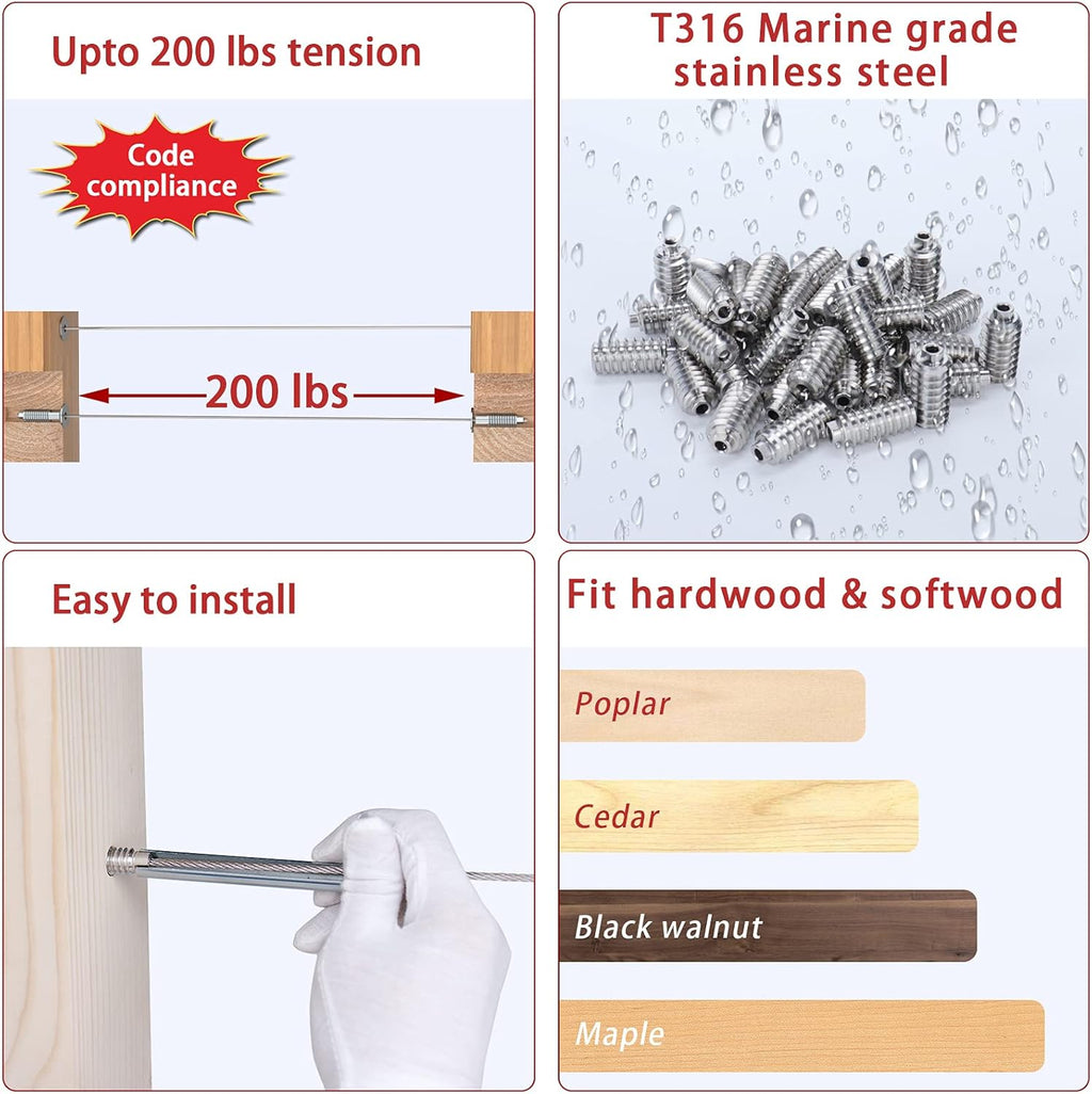 40Pack 1/8 Invisible Cable Railing Kit T316 Stainless Steel 20 Cable Line with Socket Wrench R104741