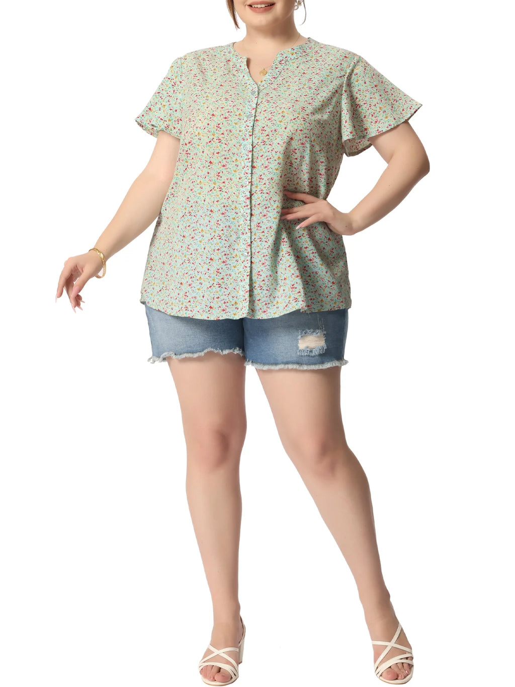 Plus Size Button Down Flare Short Sleeve Chiffon Blouse K74095