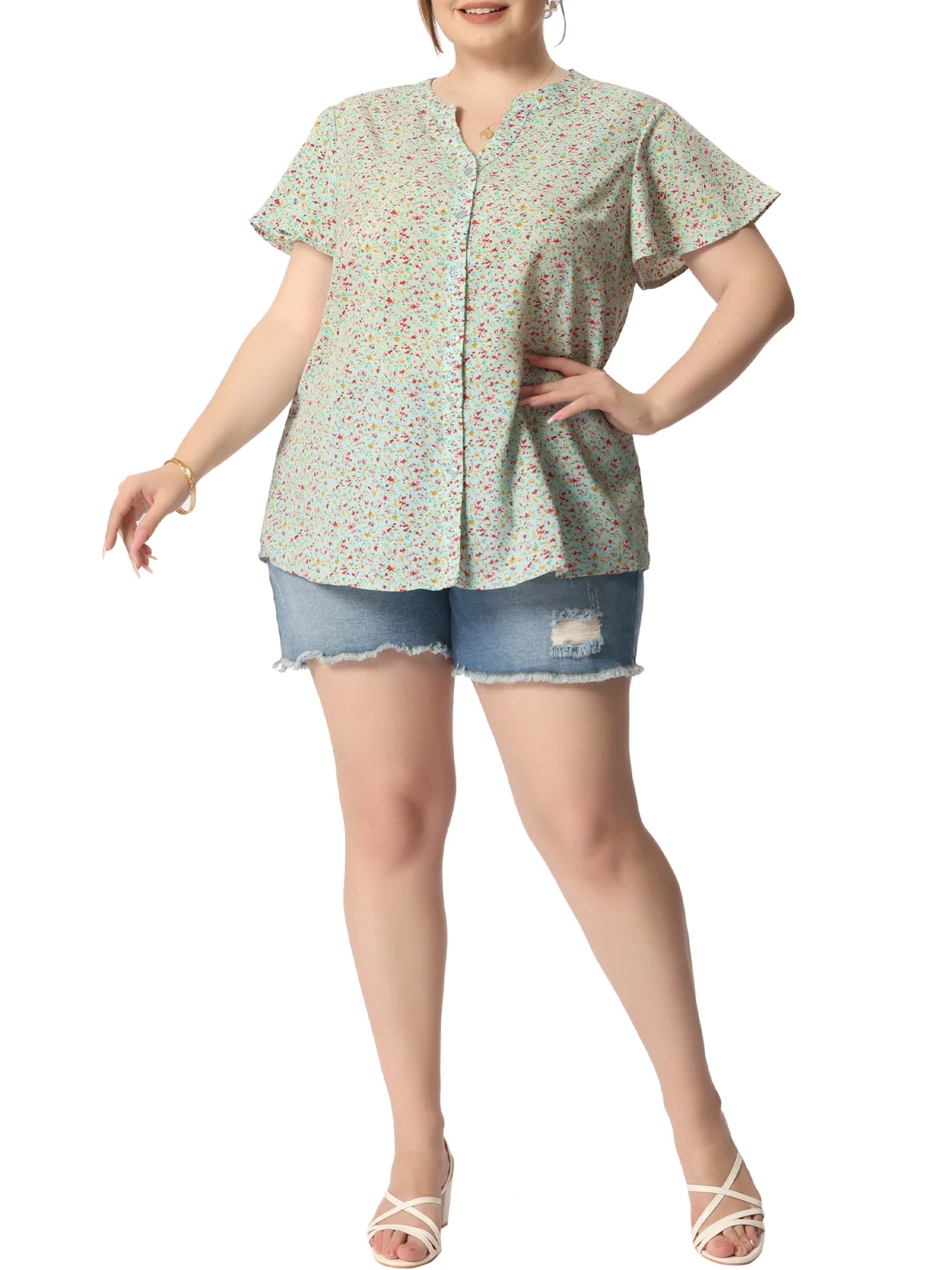 Plus Size Button Down Flare Short Sleeve Chiffon Blouse K74095