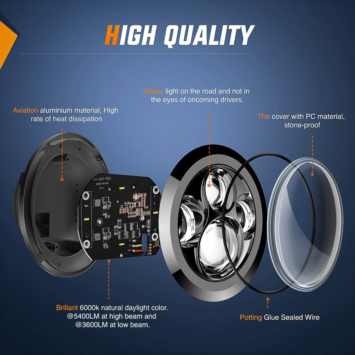 2PCS 7 Inch Round LED Headlight High Low Beam B627402